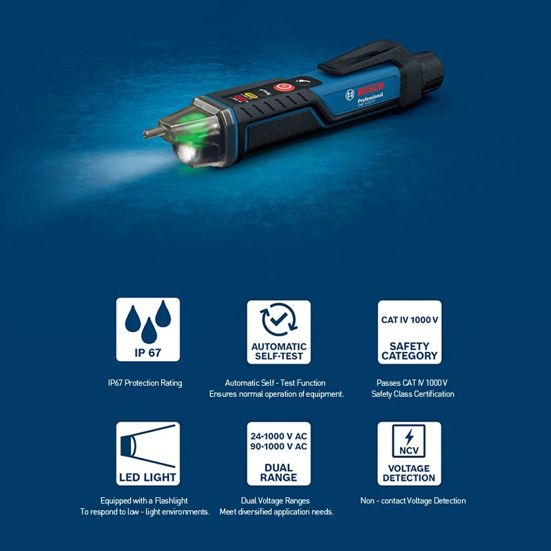 Фото Цифровой бесконтактный детектор напряжения Bosch GVD 1000-17 Professional, измерительный прибор с двумя диапазонами напряжения 24В-1000В переменного тока №3