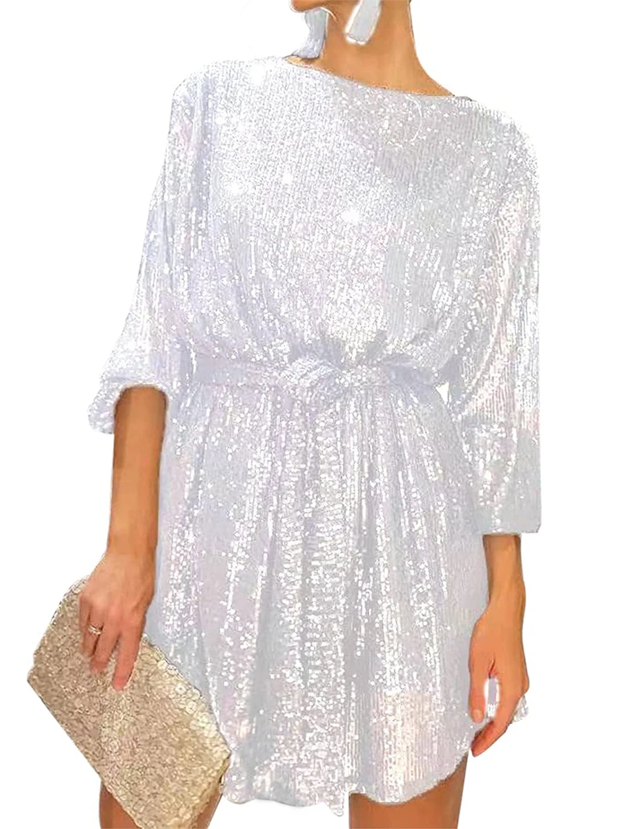 

Women s Sparkly Mini Dress Short Sleeve Round Neck Tiered Tunic Dress Glitter Concert Party Clubwear Mini Dress