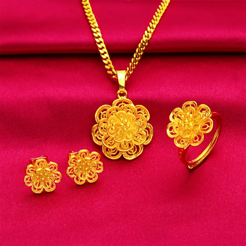 

UMQ Fashion 100% 24K Real Gold 999 Plated Jewelry Set Sun Flower 3mm 45cm Collarbone Necklace Earrings and Rings Gifts for Women