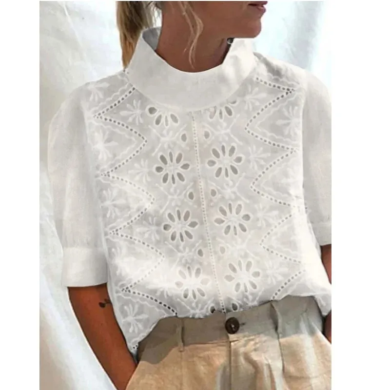 

Summer Elegant Tops Fashion Hollow Out Lace Cotton Blouse Vintage Puff Sleeve Shirts Casual Half High Collar Women Clothes 26583