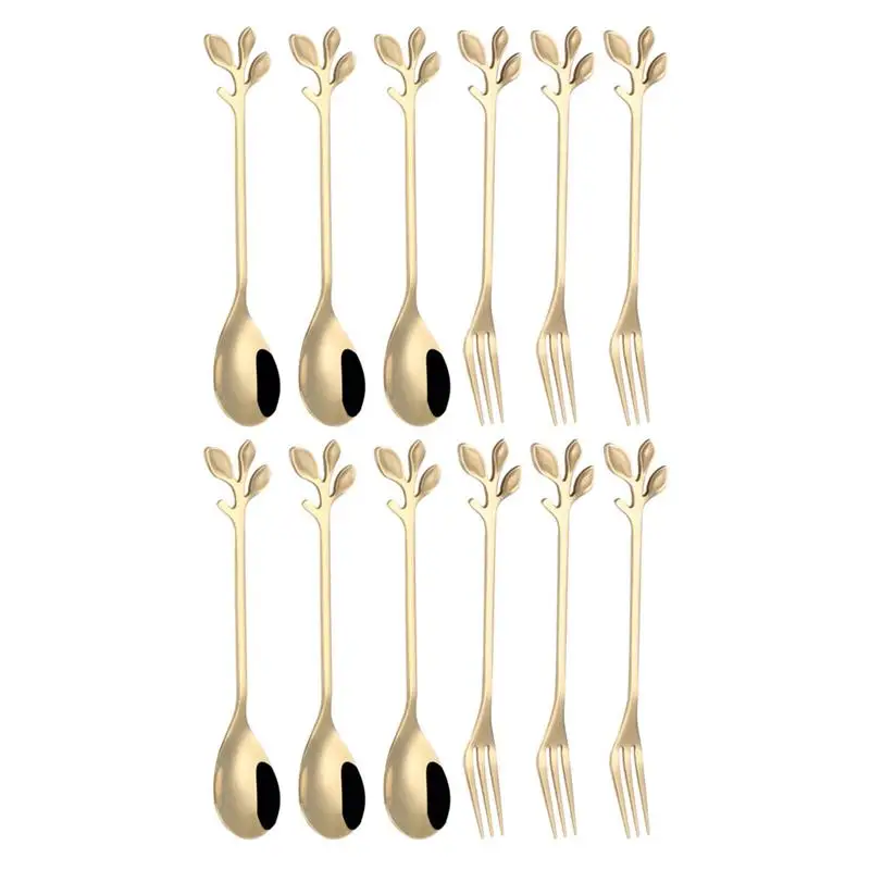 

12pcs Dessert Spoons And Fork Set Stainless Steel Mixing Spoon Cake Forks Coffee Mixing Spoon Fruit Fork Leaf Spoon