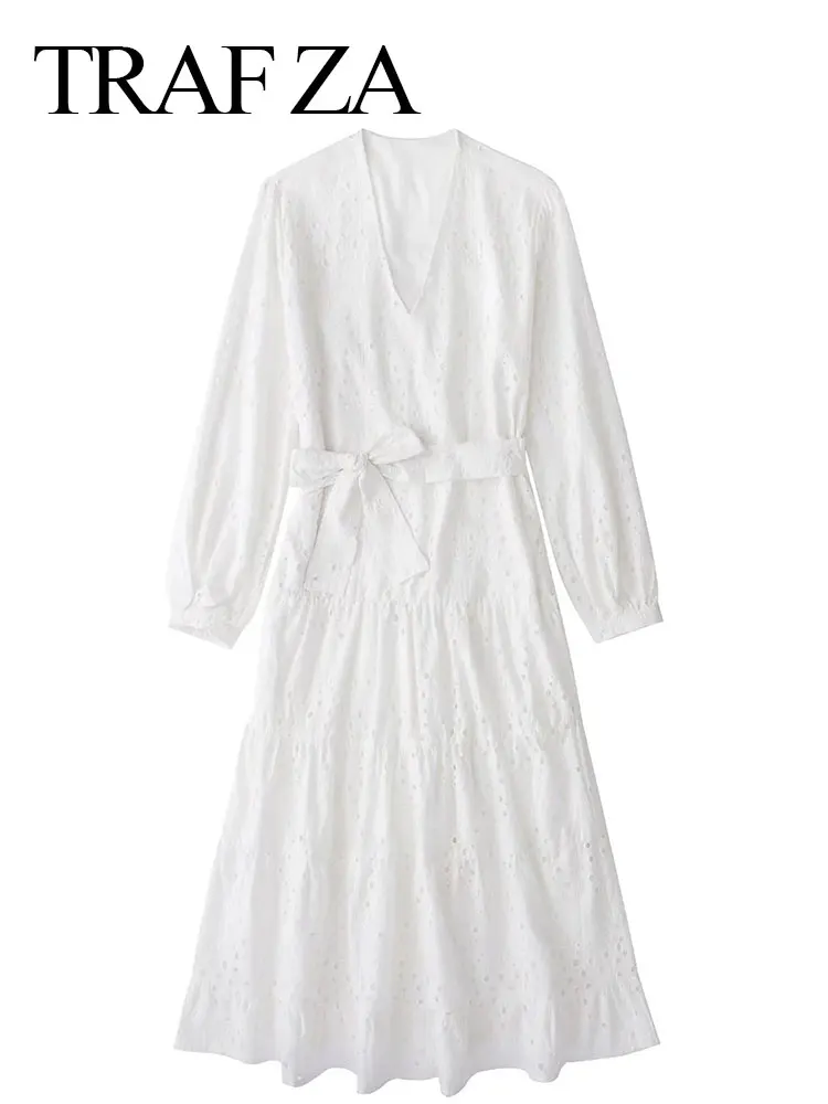 

TRAF ZA Fashion Women's Solid Color White Dress Pullover V Neck Long Sleeve Hollow Casual Belt Bow Knot Ruffle Hem Long Dress