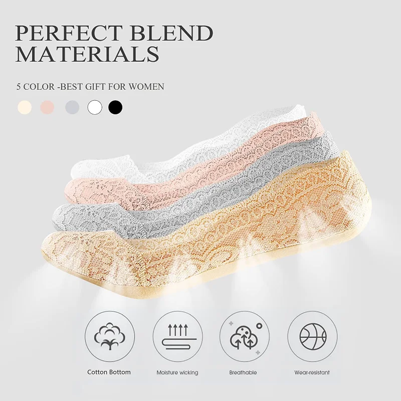 5Pairs Women Boat Socks Summer Slippers Non-slip Breathable Lace Lace Invisible Sock Sexy Non-slip Cool Thin Socks Fashion Sock
