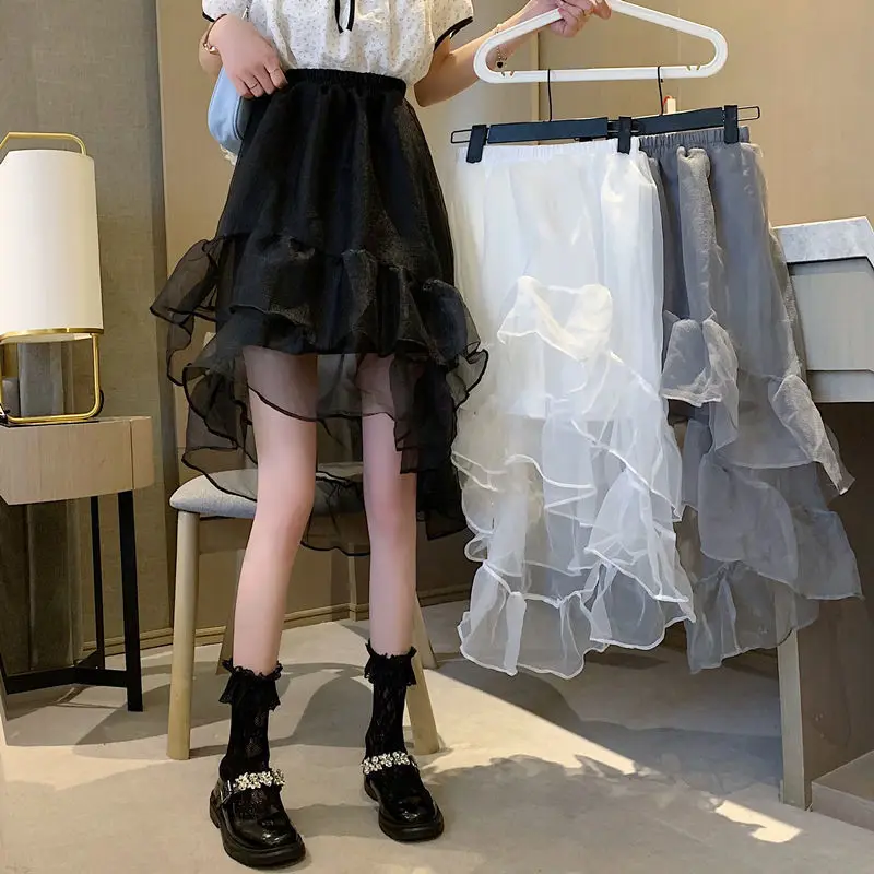 Summer Korean Fashion Black High Waist Irregular Women's Skirt A-line Y2K Mesh Skirt Sexy Midi Skirt