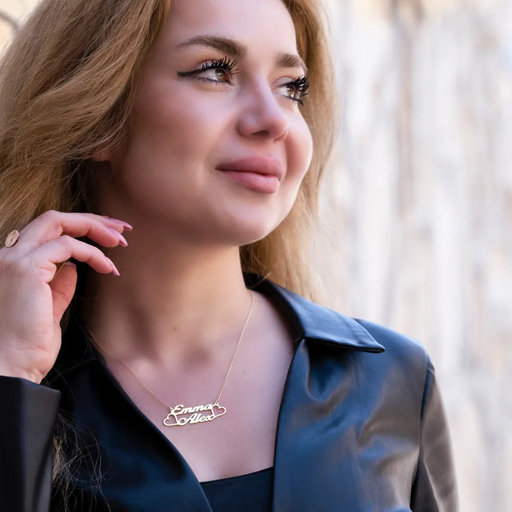 Custom Two Name Necklace for Women New Stainless Steel Gold Thin Chain Nameplate Heart Pendant Necklace Jewelry Birthday Gifts