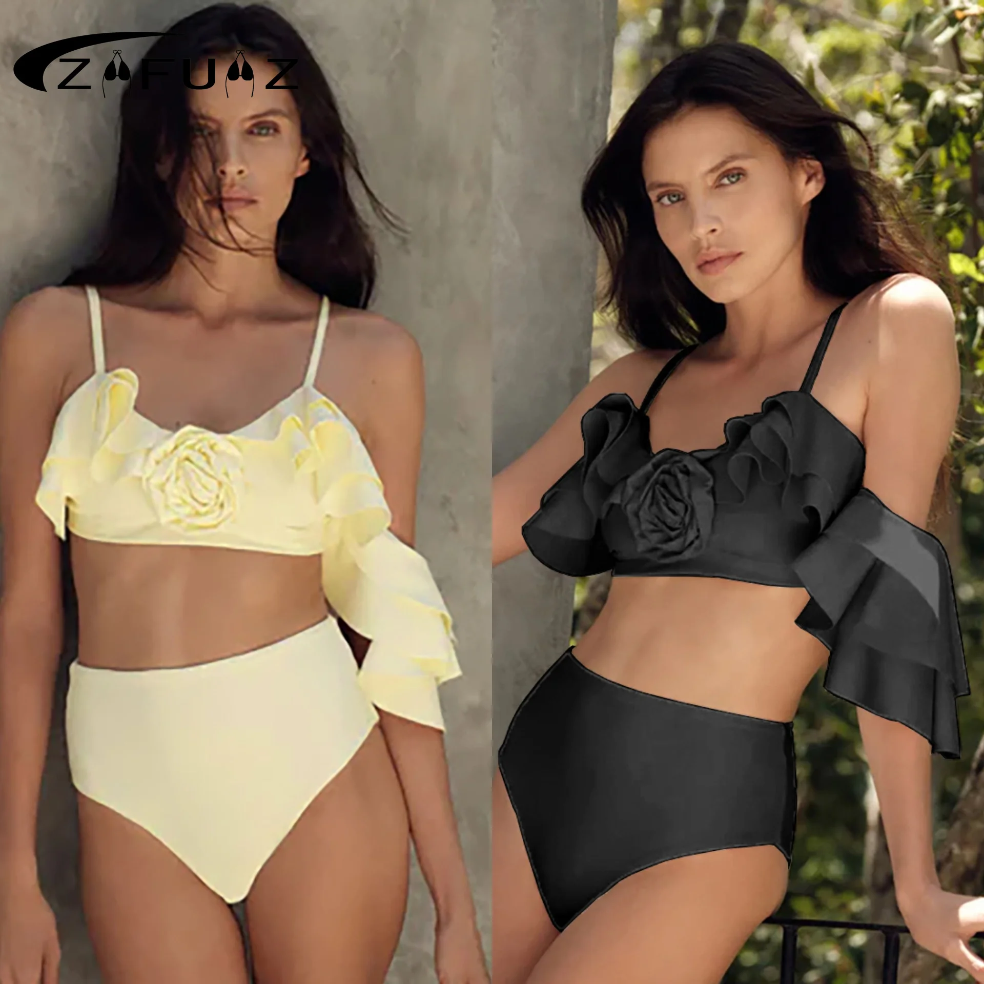 

2023 Bikini Floral Ruffled Bikini Set Women 3D Flower High Waist Two Piece Swimsuit Beach Skirt Bathing Suit Swimwear Biquinis