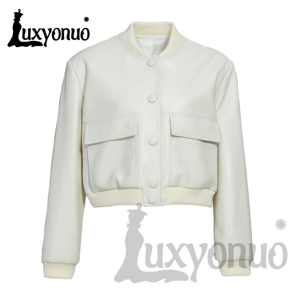 Фото Luxyonuo дубленка для женщин осень однотонная куртка из натуральной кожи с длинными рукавами женская весенняя мода пальто из натуральной кожи №4