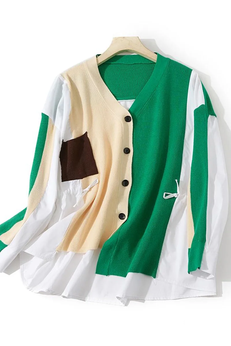 

SuperAen Contrast Color V-neck Cardigan Long Sleeve Loose Casual Knitted Patchwork Top Women's Autumn 2022 Shirt for Women