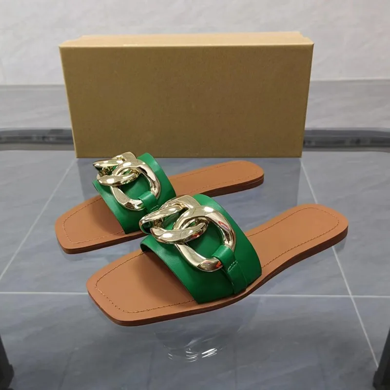 

Womens Slippers 2023 Summer Fashion Metal Decoration Flats Sandals Female Squared Toes Slides Outwear Ladies Casual Slipper
