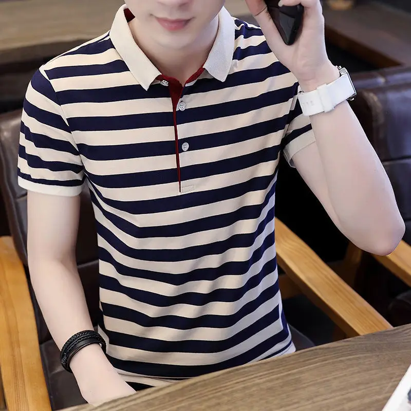 

Polo shirt striped men's lapel short-sleeved T-shirt summer 2022 new loose tide brand middle and young casual