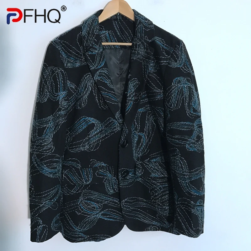 

PFHQ Autumn Men's Heavy Industry Wool Random Embroidery Abstract Art Handsome Blazers Versatile Baggy Interesting Suit 21Z1006