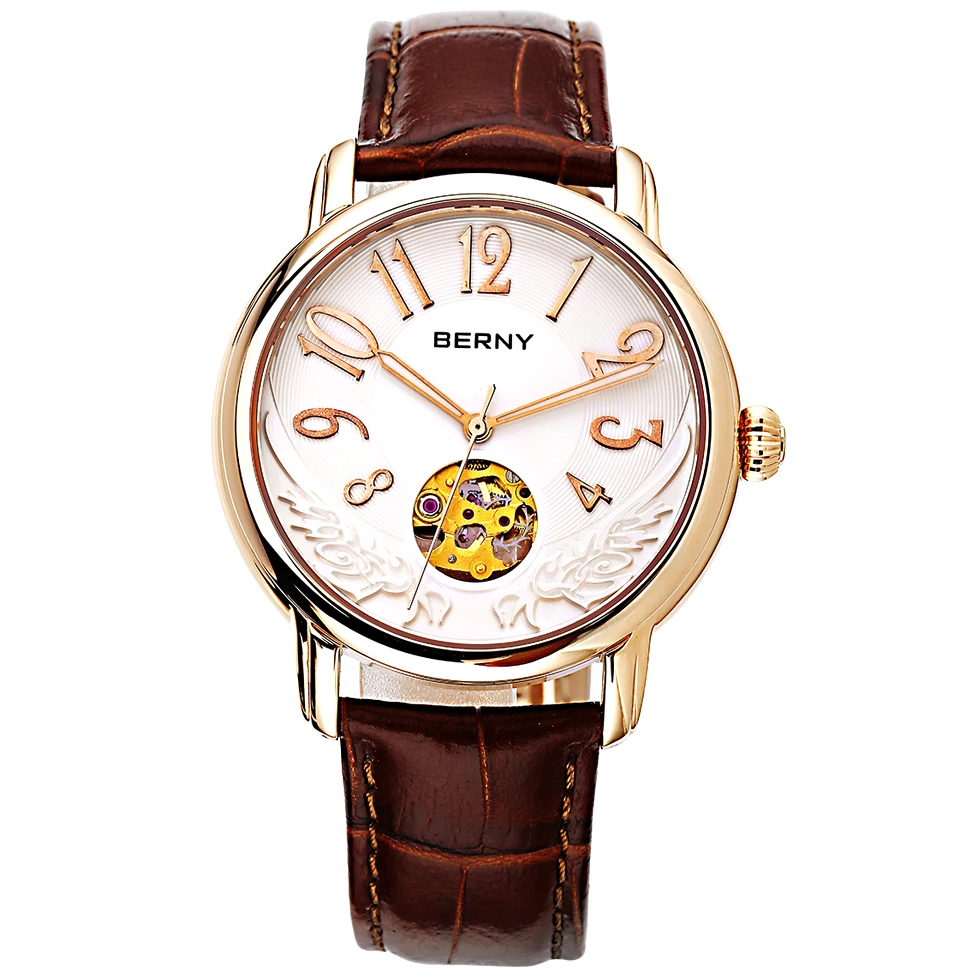 

BERNY Skeleton Automatic Watch for Men 8N24 21600HZ Leather Bracelet Exhibition Back Cover Sapphire Mechanical Men Wristwatch