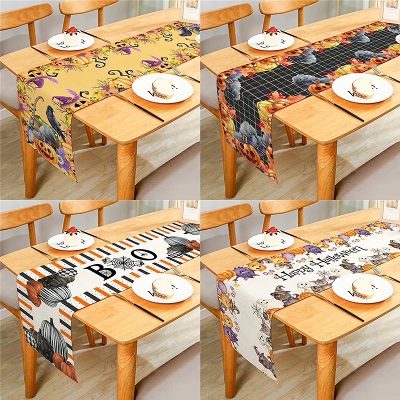 

Happy Halloween Pumpkin Animal Ghost Linen Rectangular Table Runner Cloth Cover Anti-Slip Stain For Dinner Festival Party Decor