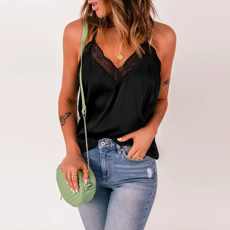 

Suspender Bottomed Vest for Women In Summer Wear Loose European and American V-neck Lace Ice Suspender Top