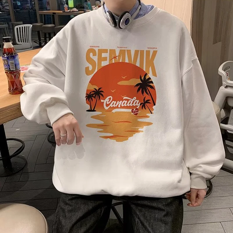 

Autumn T-shirt Seaside Beach Sunset Coconut Tree Print Men Women Couples High Quality Long Sleeve T Shirt