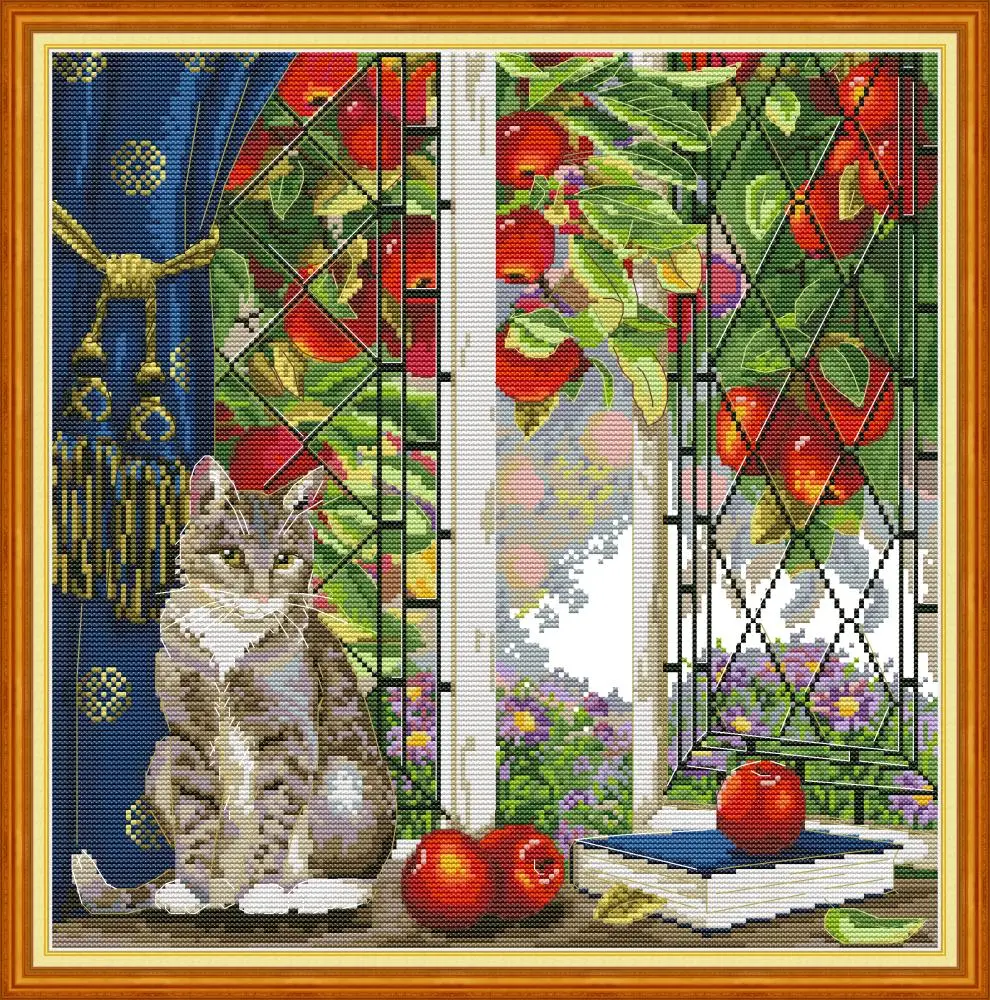 

Joy Sunday Pre-printed Cross Stitch Kit Easy Pattern Aida Stamped Fabric Embroidery Set-Cat on The Windowsill 2