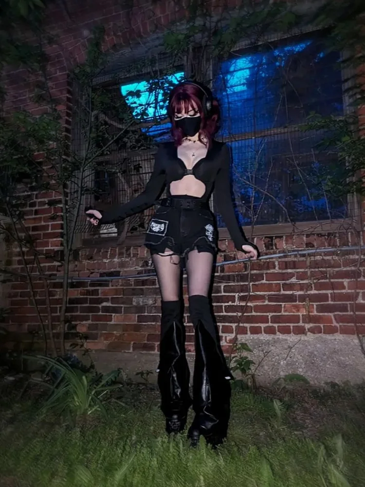 Женские вязаные кожаные гетры ReddaChic черные носки до бедра в стиле панк с