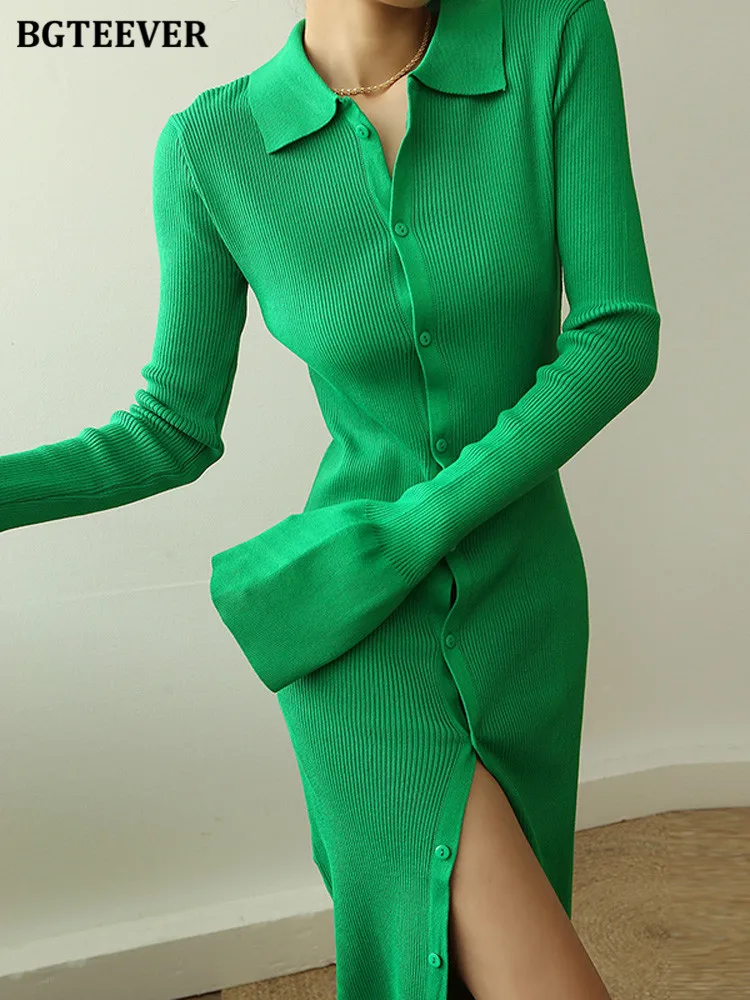

BGTEEVER Autumn Winter Lapel Women Knitted Bodycon Dress Elegant Full Sleeve Single-breasted Female Package Hip Sweater Dress