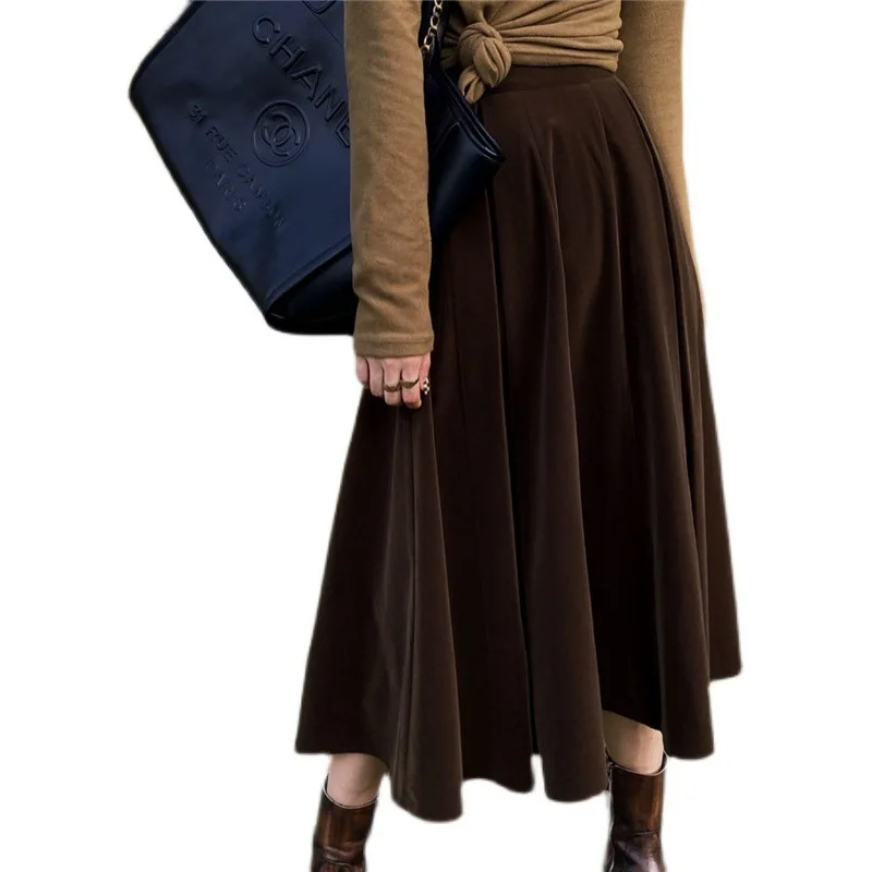 Юбка женская бархатная средней длины с завышенной талией на осень/зиму