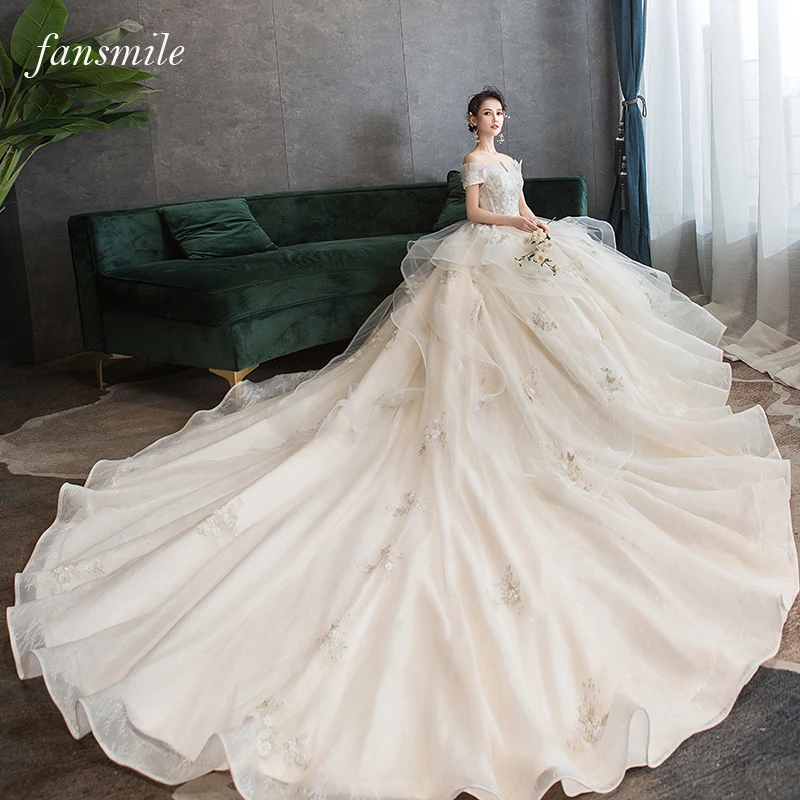 

Fansmile New Strapless Tulle Lace Wedding Dresses 2022 Vestido De Noiva Train Bride Ball Gown FSM-222T