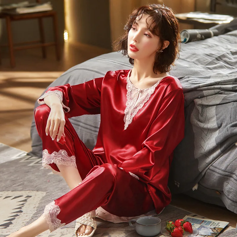 

Ice And Snow Silk99%New Pajamas Women's Spring/Summer Ice Silk Long Sleeve Set INS Wind Thin Silk Home Furnishing