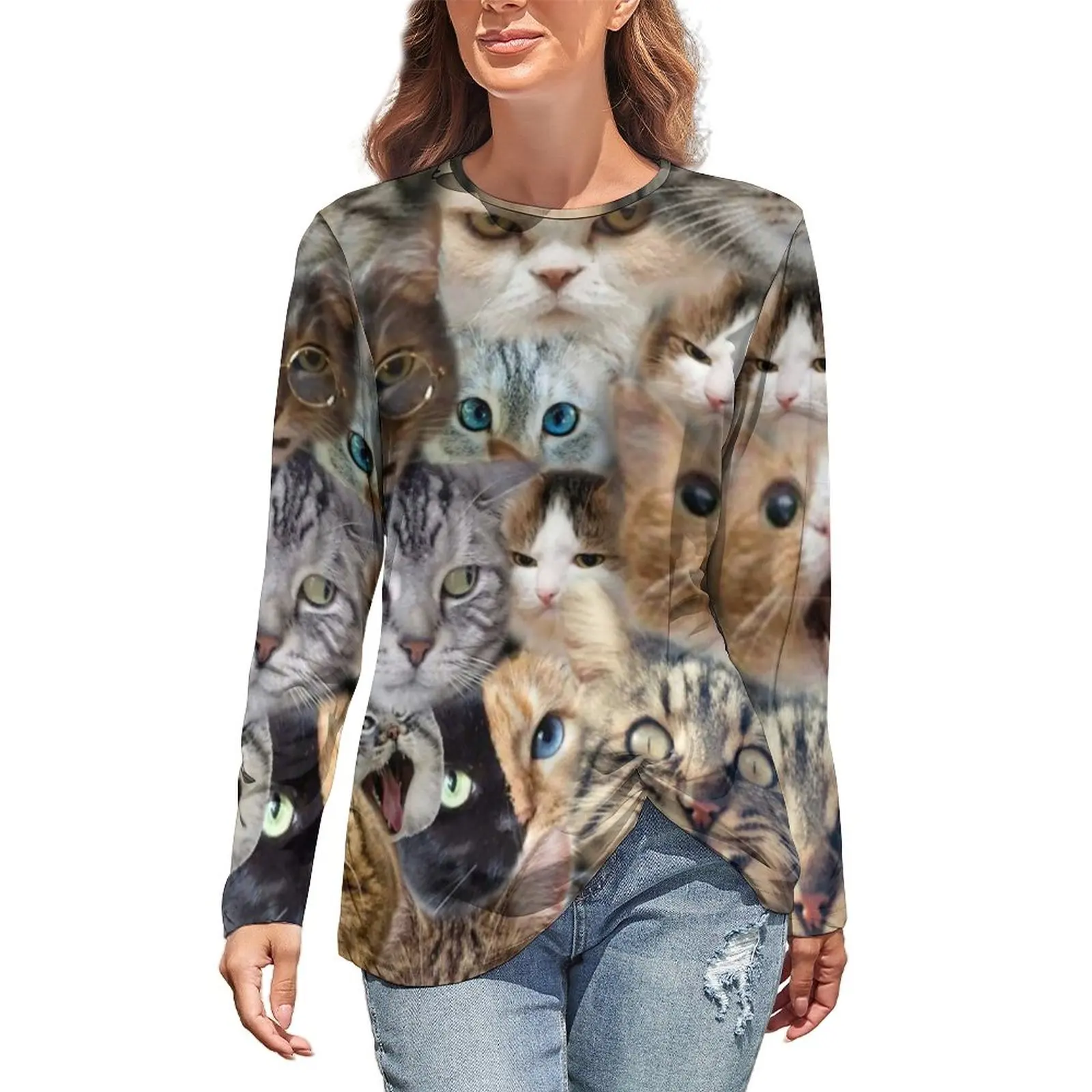 

Cute Cat Collage T-Shirts Many Faces Of Cats Animal Print Korean Fashion Long Sleeve T Shirt Cute Tee Shirt Oversized Clothes