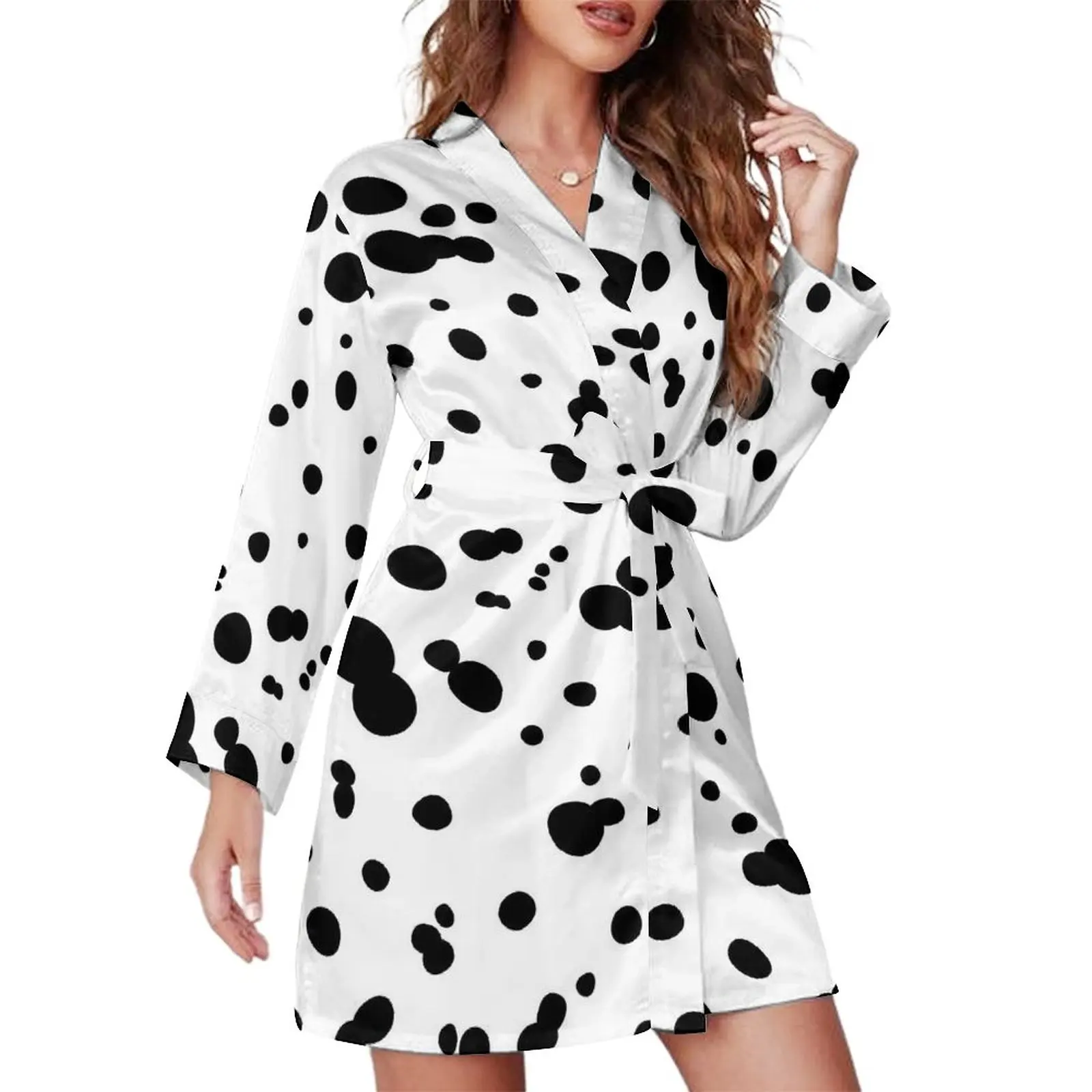 

Dalmatian Spots Print Pajama Robe V Neck Animal Dots Warm Dresses Women Long Sleeve Sleep Nightgown Print Pajamas Robes