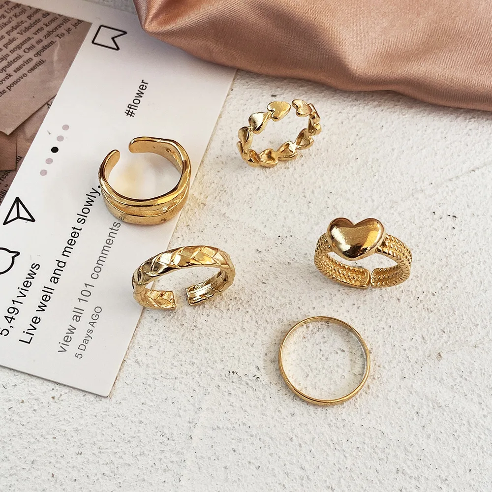 

New Metal Fashion Silver Gold Creative Retro Simple Punk Joint Adjustable Open Love Heart Ring For Women Female Set Jewelry Gift