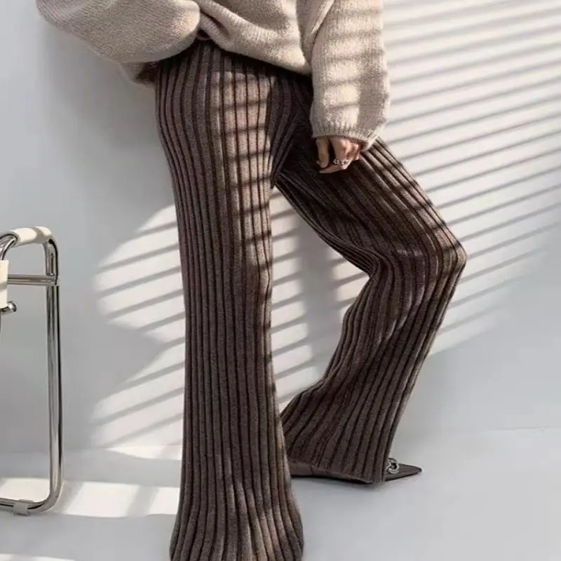

Autumn Winter Women's Wide Leg Pants Korean Fashion Knitted Straight Pant Full Length Elastic Waist Solid Strecth Trousers W
