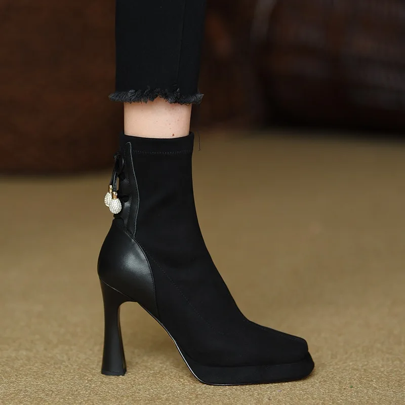 

2022 Spring Autumn New Women's Ankle Boots Thin Heels Women's Shoes Zipper Square Head Women's Boots Pearl Bow-knot Modern Boots