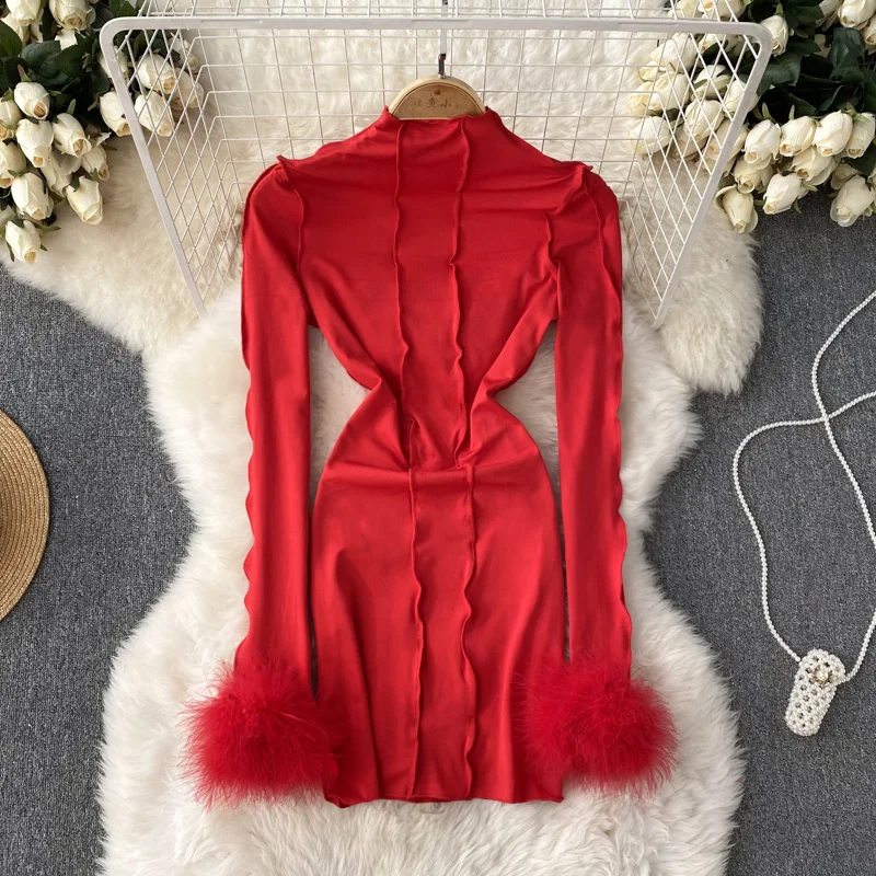 

Spring Sexy Fashion Solid Color Standing Collar Design Sense Back Hollow Celebrity Style Splicing Wool Hip Dresses