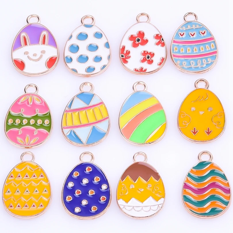 

12pcs Enamel Charms Easter eggs Pendant Accessories Alloy Cartoon Rabbit Jewelry Making Necklace For Friend Kids Gift Material