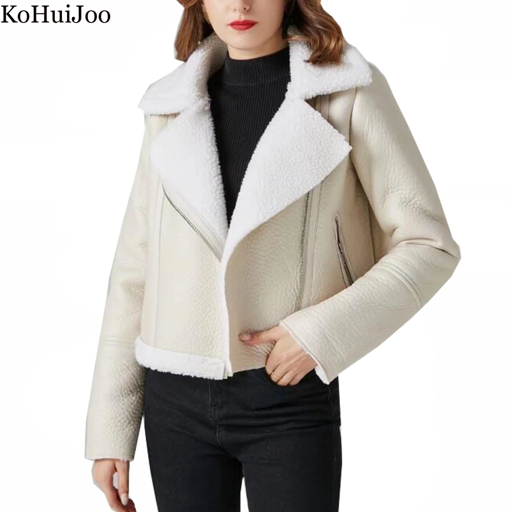 KoHuiJoo Faux Leather Jacket Women Winter Thick Warm Fashion Female Shearling Overcoat Zipper Motorcycle Lambs Wool Coat Beige