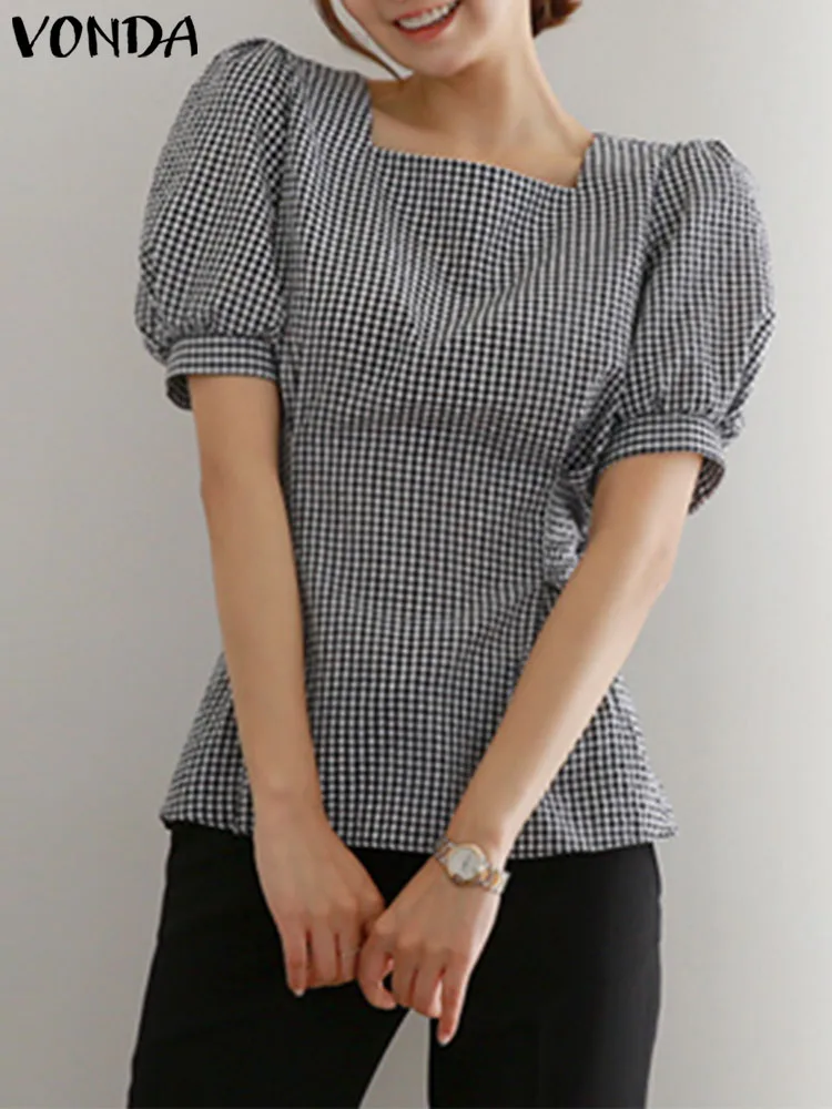 

Fashion VONDA Plaid Blouses Vintage Short Puff Sleeve Summer Tops Women Square Collar Shirts Tunic 2023 Sexy Belted Blusas Femme
