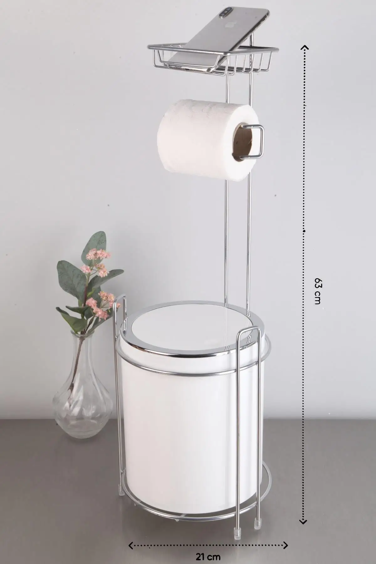 

Toilet Paper Holder Stand + Garbage Bucket Stainless Steel Bathroom Paper Roll for Home Mobile Phone Tissue Storage
