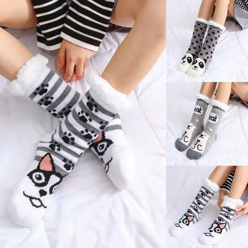 Women Slippers Home Socks Cartoon Print Floor Socks Plush Velvet Non-slip Panda Carpet Fluffy Warm Socks Autumn