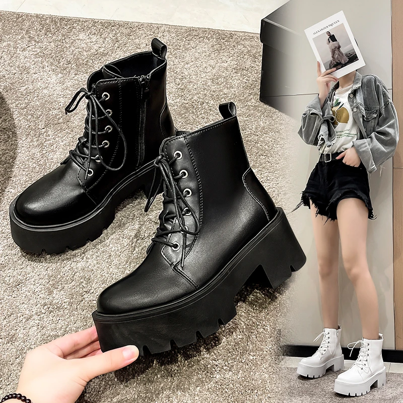 

Women's Ankle Boots Zip Lace Up Square Toe Ladies Boots Thick Bottom Non-slip High Heels Female Shoes Winter Footwear Fashion