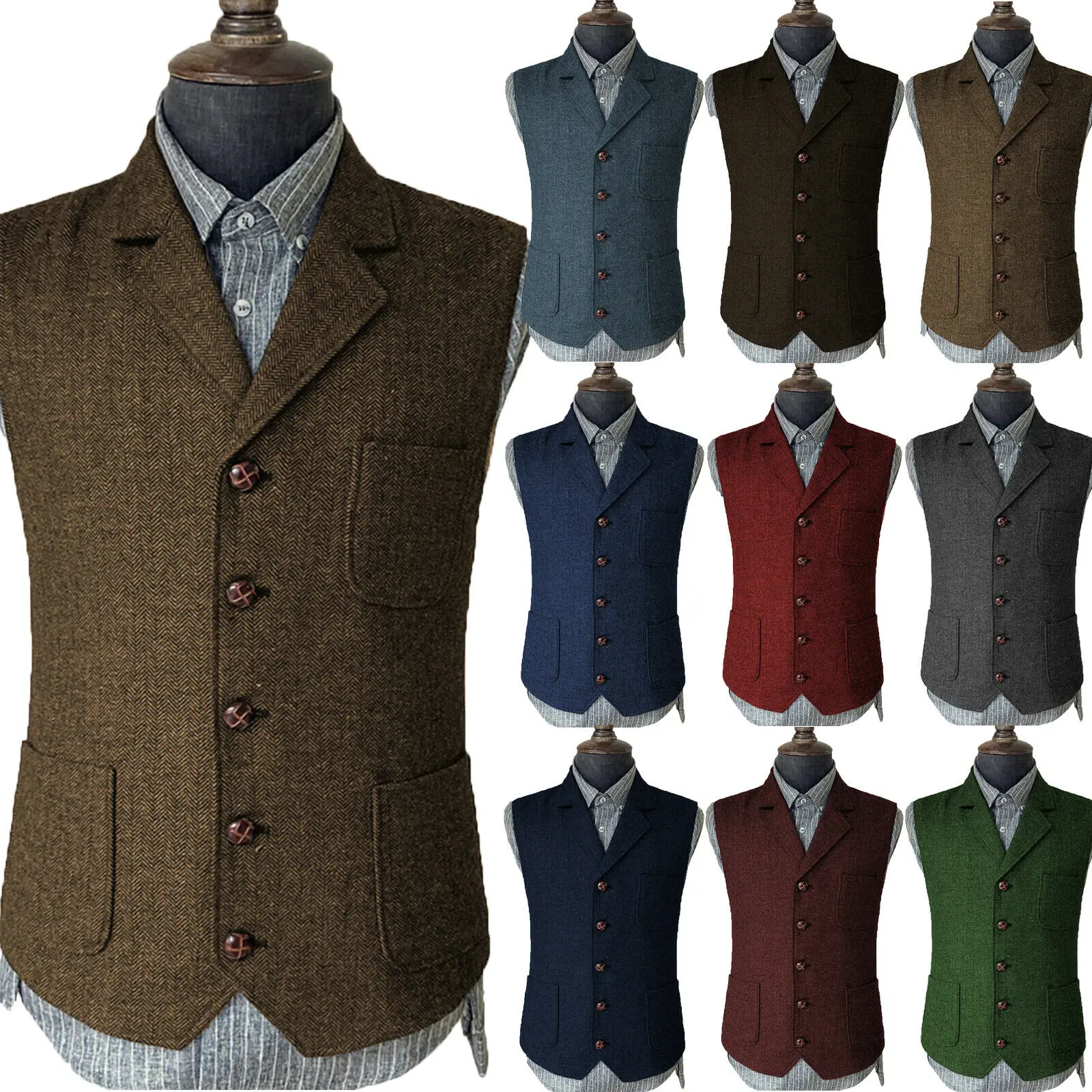 

Men's Suit Vest Herringbone Tweed Wool Business Slim Fit Jacket Formal Vintage Vests Male Waistcoat