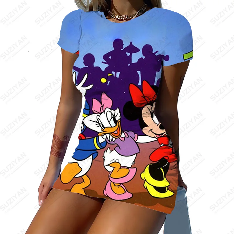 

Летнее короткое сексуальное платье с коротким рукавом и принтом Диснея, повседневное однотонное платье-футболка, роскошное вечернее плать...