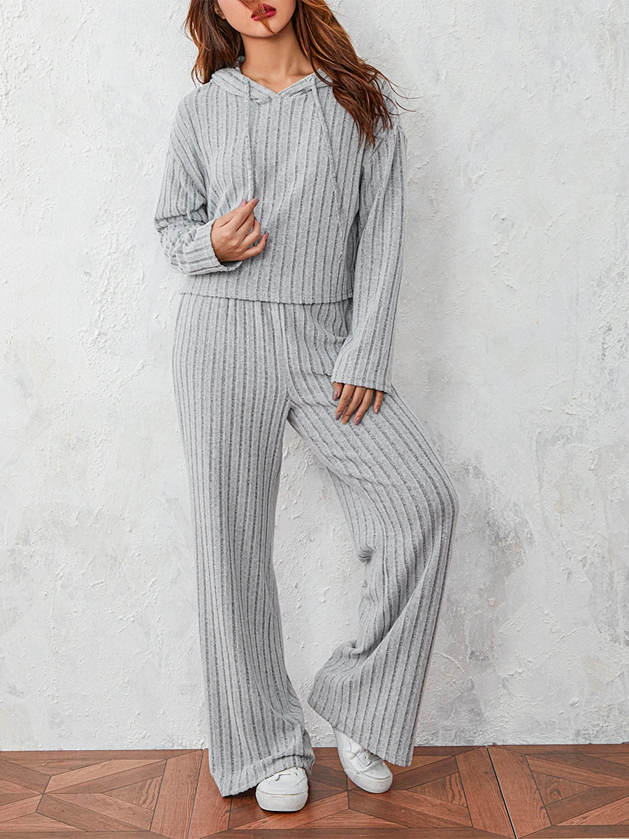 

Women 2 Piece Spring Outfits Solid Color Ribbed Knitted Hoodie and Wide Legs Pants Set Streetwear Aesthetic Clothes