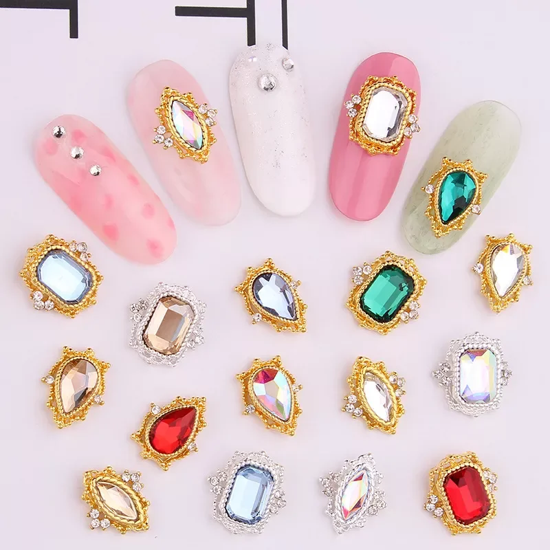 

10PC Tiny Golden Metal Nail Charm Stud Rhombus & Heart Frame for Uv Gel DIY Stuff 14/11MM Crystal Strass Nail Decoration HJ-