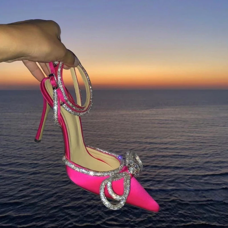 2023 New Bowknot Rhinestone Pointed Silk Sandals for Women with Straps and High Heels
