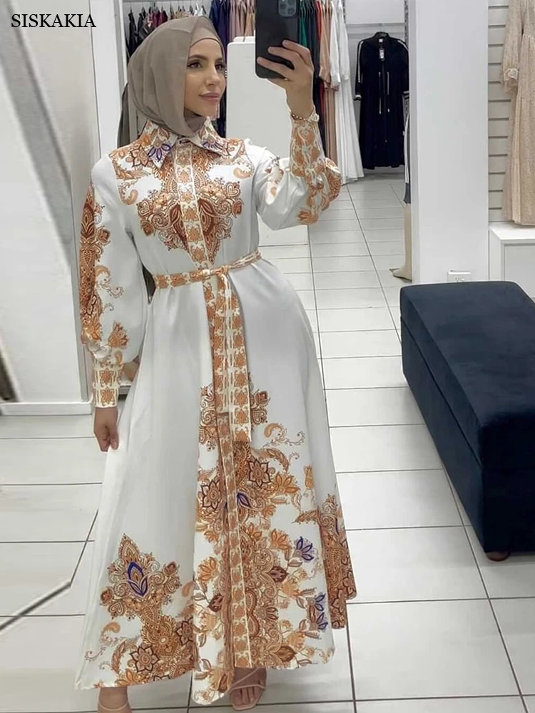 

Абайя женские Цветочный принт стразы лента отделка кнопки кафтан повседневные свободные вечерние платья Galabia Рамадан 2022 Макси халаты