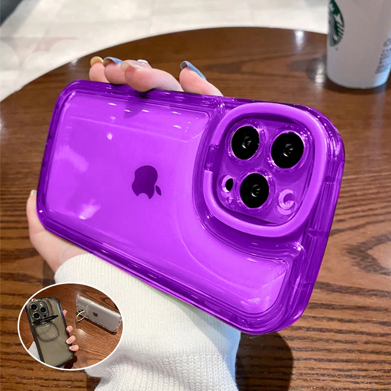 

Luxucy Invisible Camera Lens Folding Square Stand Holder Transparent Case For iPhone 14 13 12 11 Pro Max 14 Plus Silicone Cover