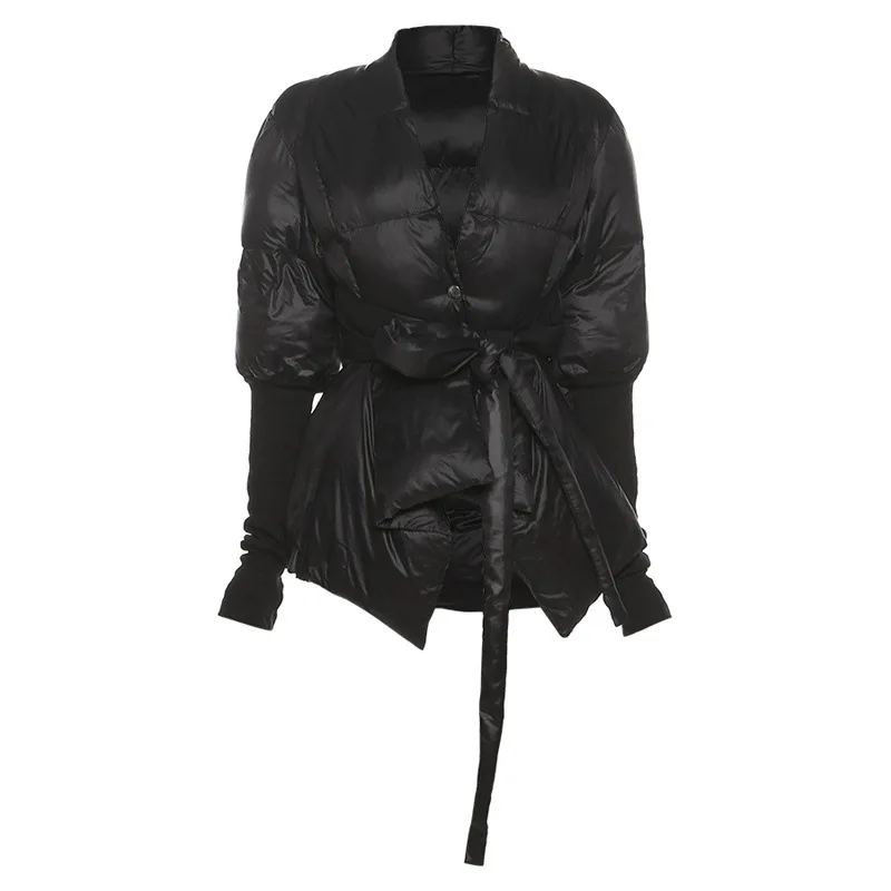 2021 Autumn and Winter Women's New Personality Lace-up Warmth and Thick Black Irregular Fashion Solid Color Cotton Jacket Winter