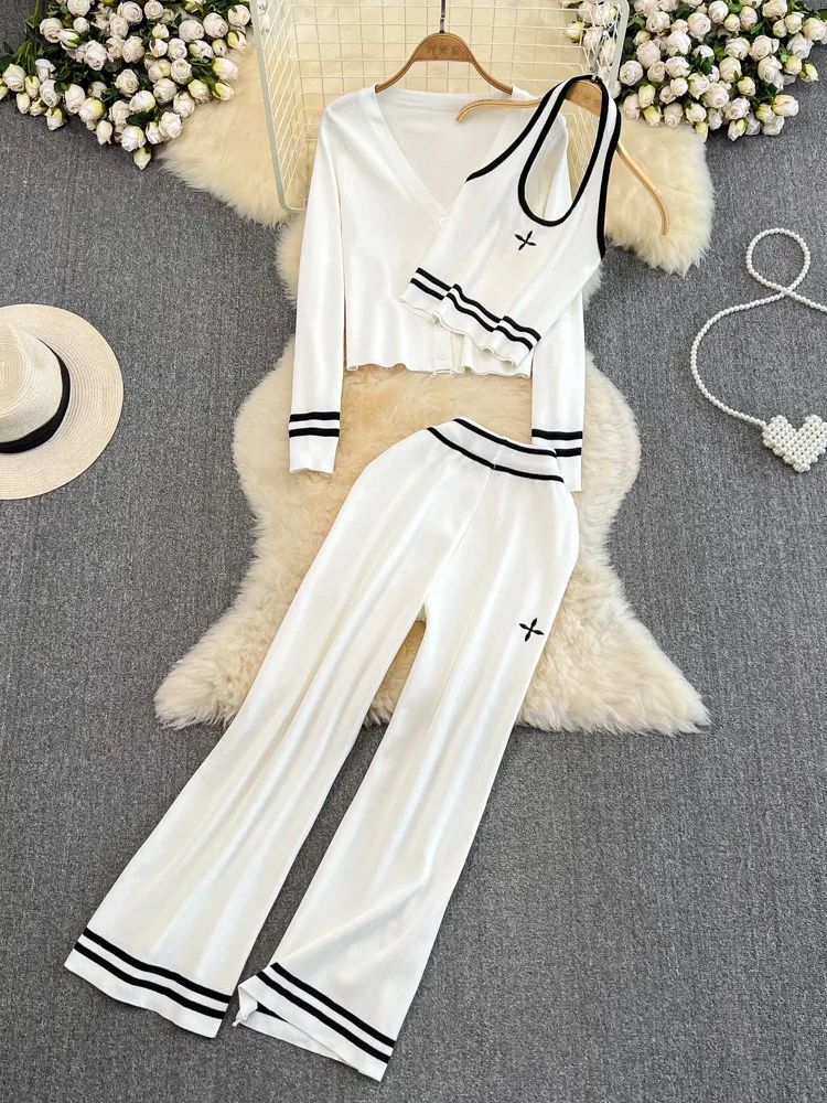 

Autumn Women's Knitted Sets 3 Piece Sexy Hanging Neck Open Back Tank +V-Neck Knitted Cardigan+High Waist Straight Wide Leg Pants