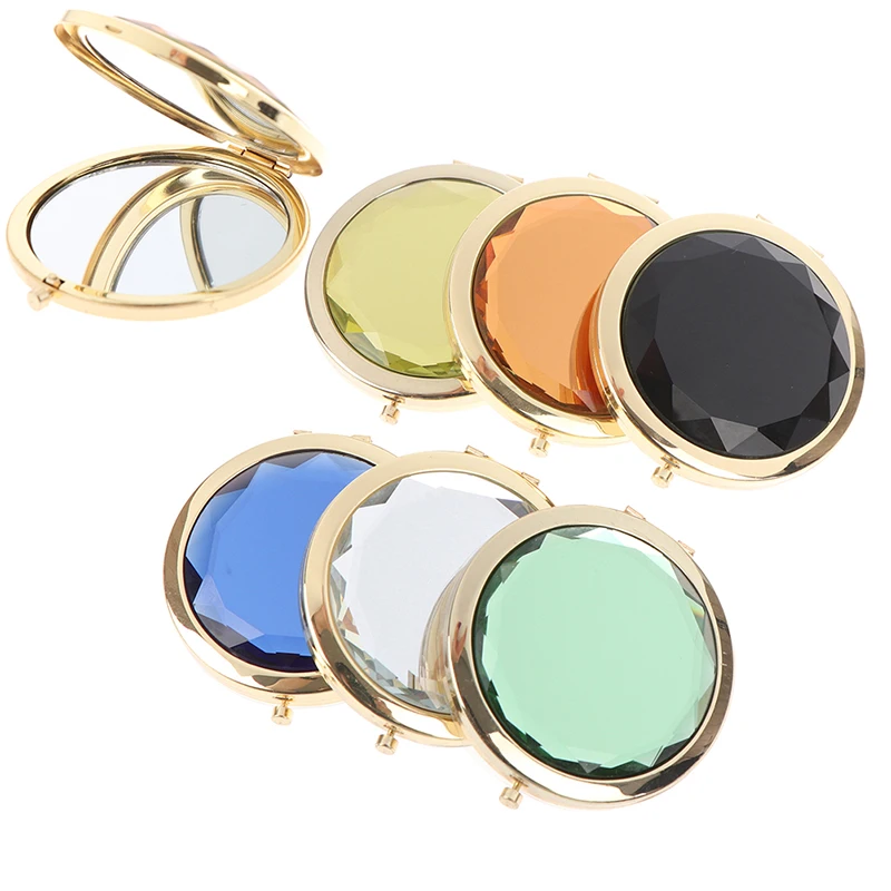 

gu395 Luxury Crystal Makeup Mirror Portable Round Folded Compact Mirrors Gold Silver Pocket Mirror Making Up for Personalized