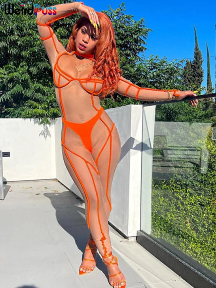 

Weird Puss Mesh Sexy Jumpsuit Women Zipper See Through Patchwork Long Sleeve Bodycon Nightclub Coquette Stretch Skinny Outfit