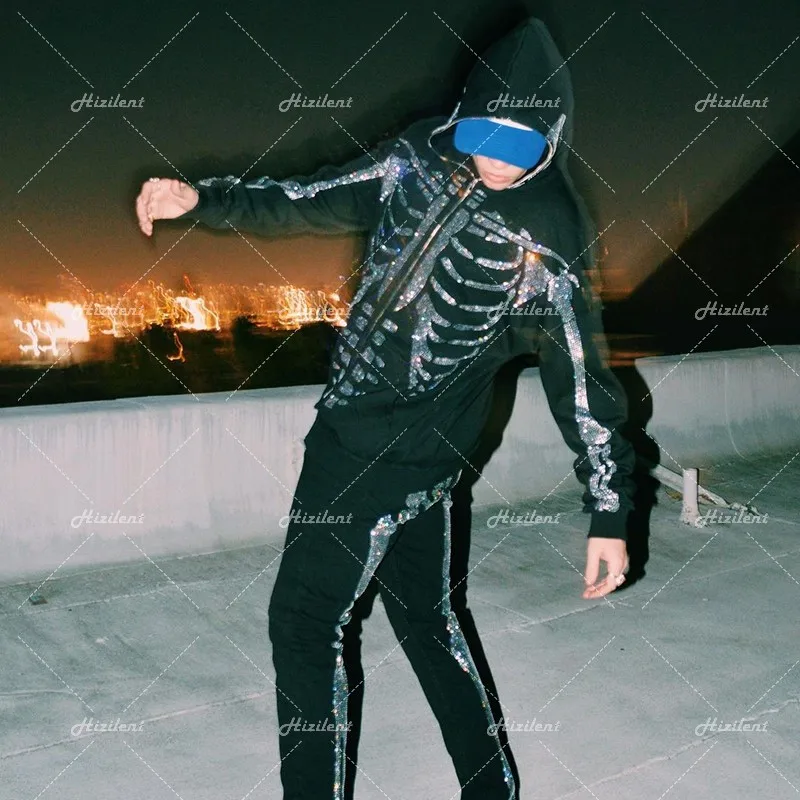 Толстовка стразы на молнии Свитшот со скелетом спортивное пальто пуловер