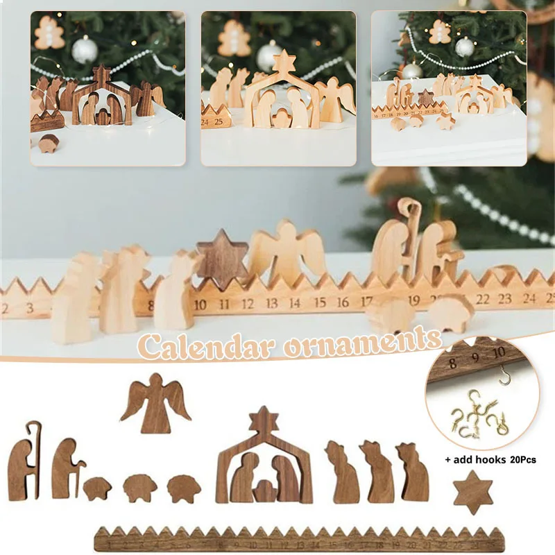 Wooden Nativity Scene Set Simple Christmas Calendar Desktop Ornament for Home Living Room Office Figurines Decoration Crafts New
